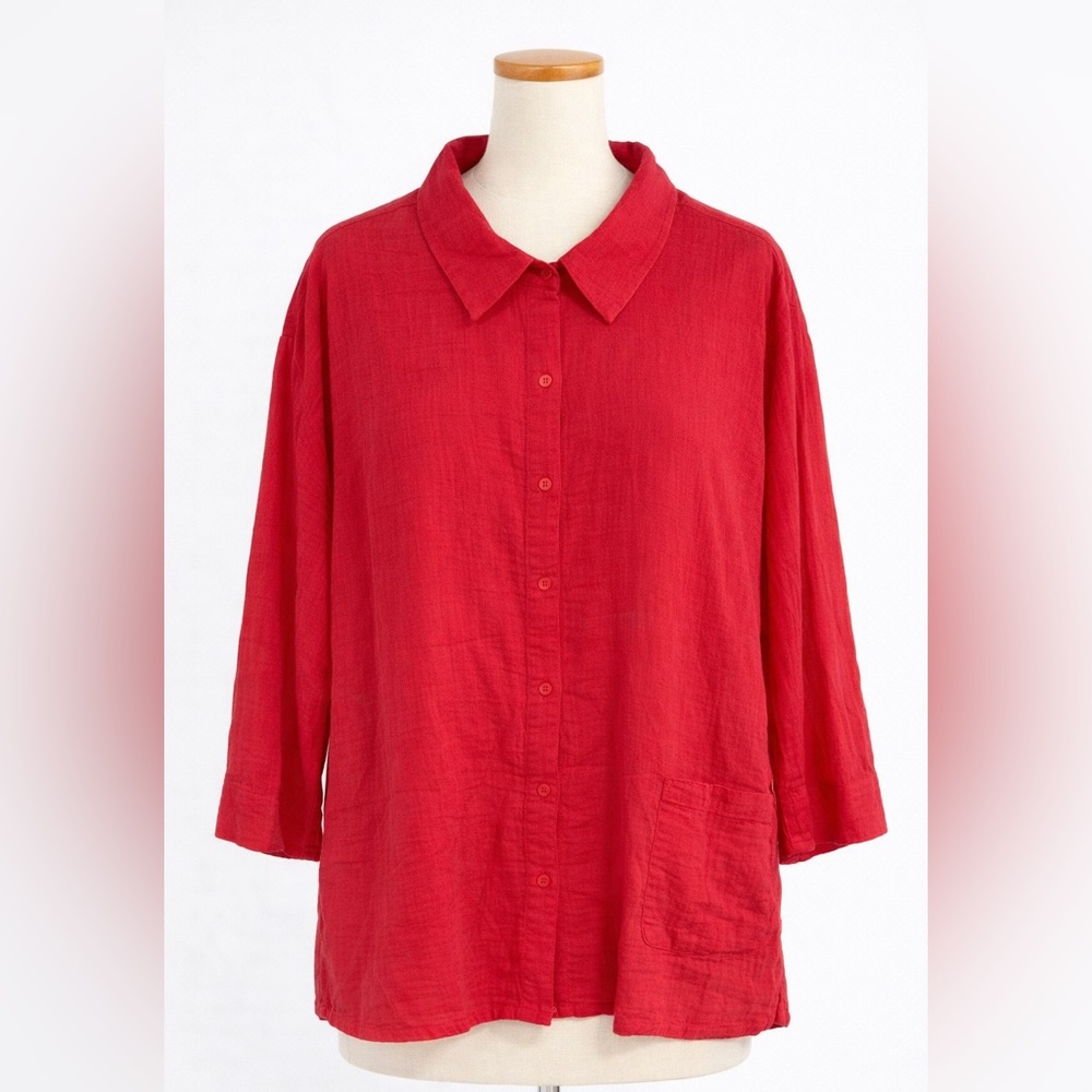 Cotton LOGO by Lori Goldstein Red Button Down Shirt swimsuit, cover-up